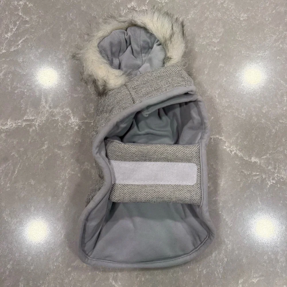 Gray Quilted Dog Winter Coat with Faux Fur Hood Size XS - Picture 3 of 11